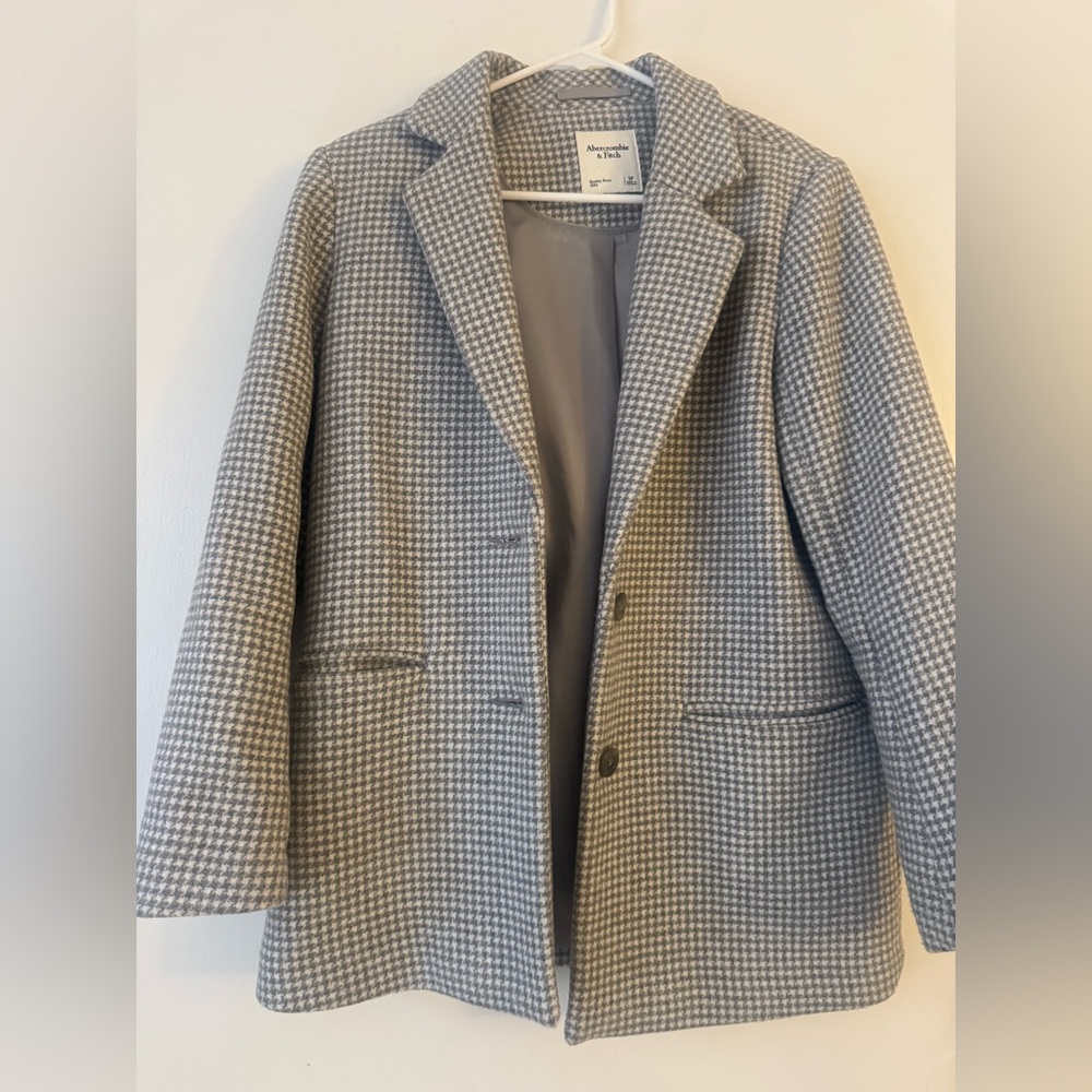 Abercrombie & Fitch Wool-Blend Blazer Coat In Light Grey Houndstooth